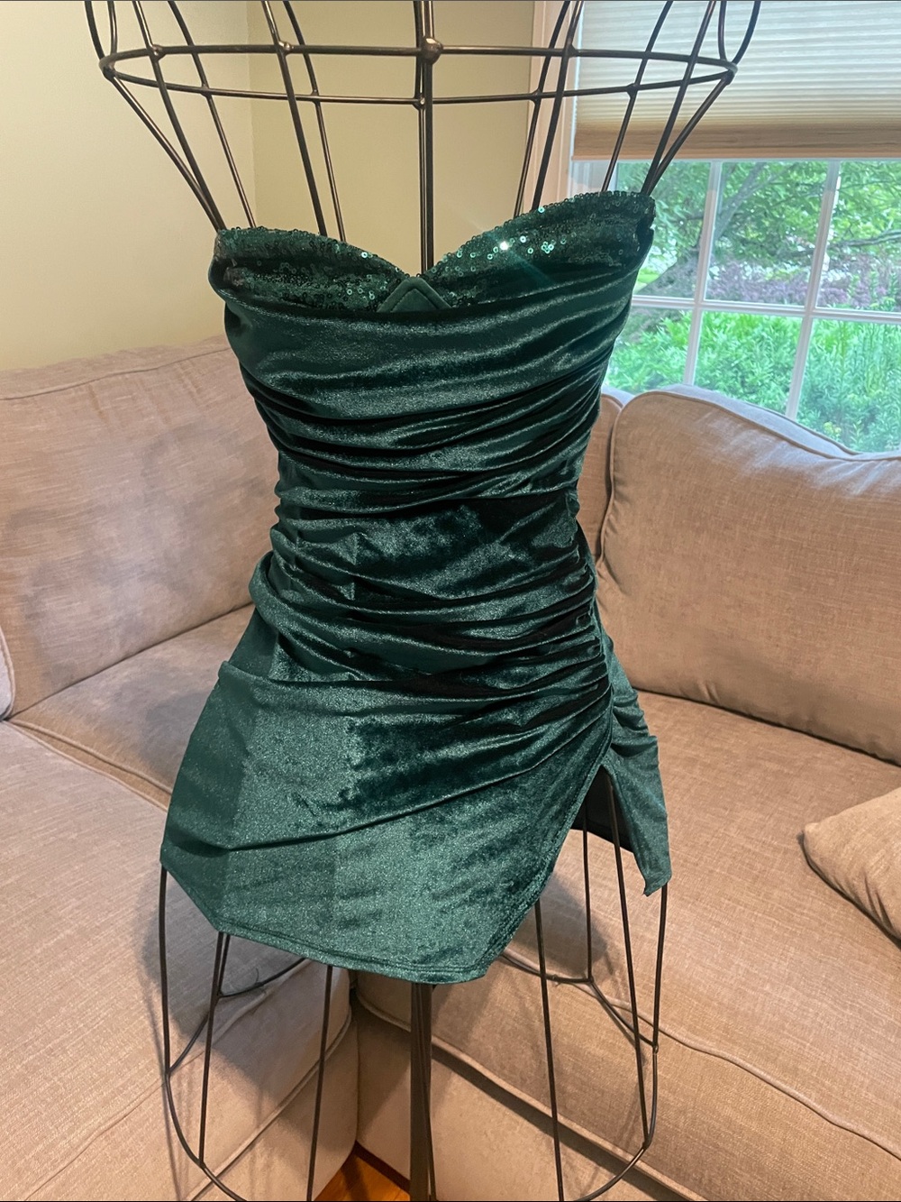 Lucy in the Sky Emerald Green Velvet Ruched Mini Dress with Sequin Trim